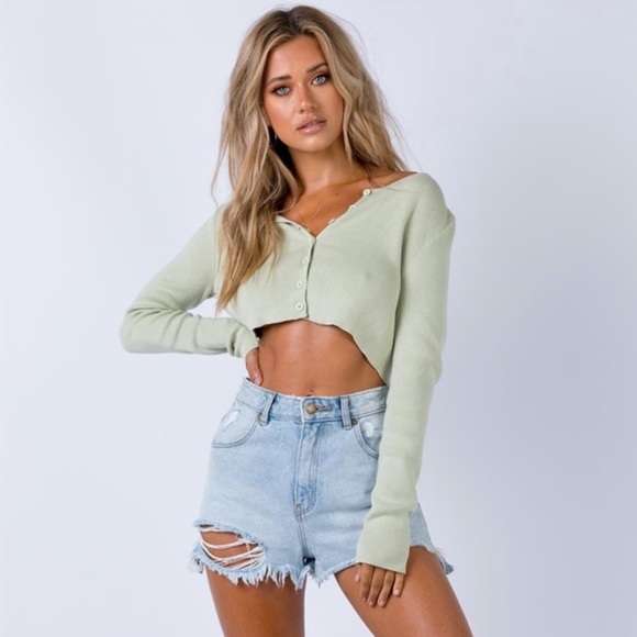 Princess Polly Long Sleeve Cropped Sweater - Pale Green - Picture 6 of 6